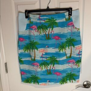 Opposuits Blue, Pink, Green Tropical Print Skirt with pink flamingos.  Size 16